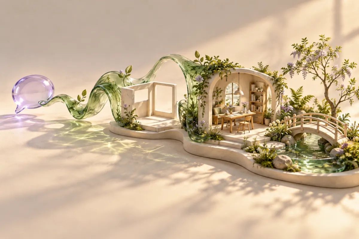 A purple glass speech bubble becomes a green path and a miniature creative workspace.