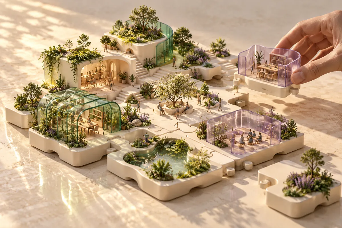 A hand adds a lilac room to a modular landscape of shared gardens, studios and learning spaces.