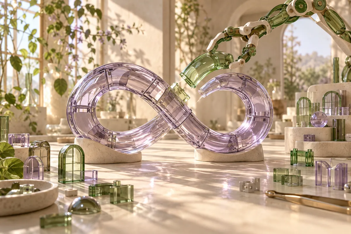 A modular green gripper completes a purple glass infinity sculpture made from the same parts.