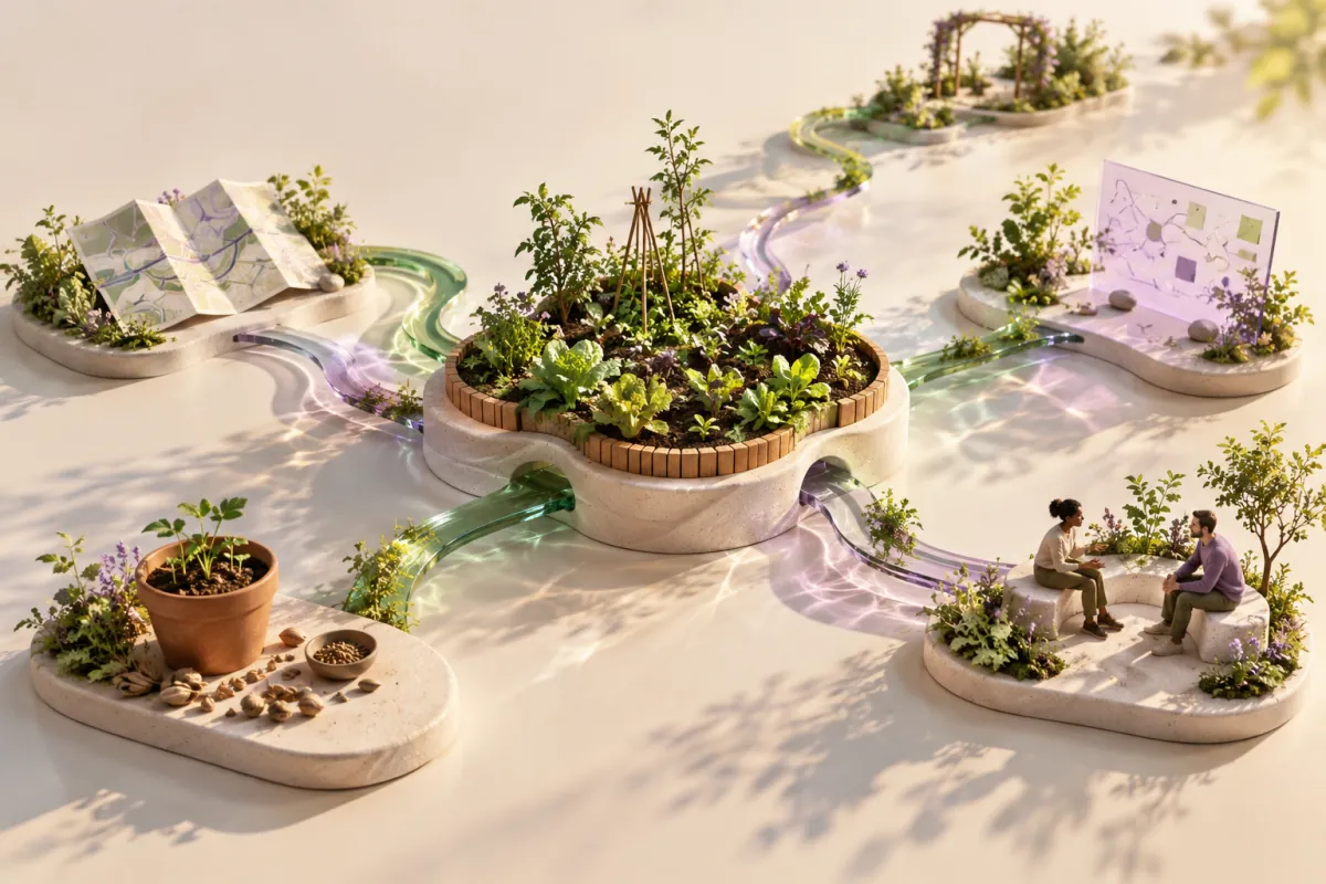 A neighborhood garden connects to a map, a planning board, seeds and people through green and purple paths.