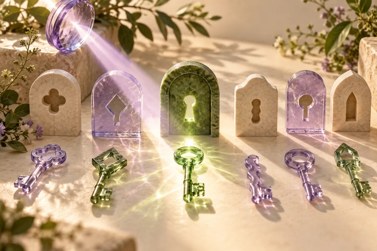 A lens illuminates the green glass key that fits a doorway among several equally crafted alternatives.