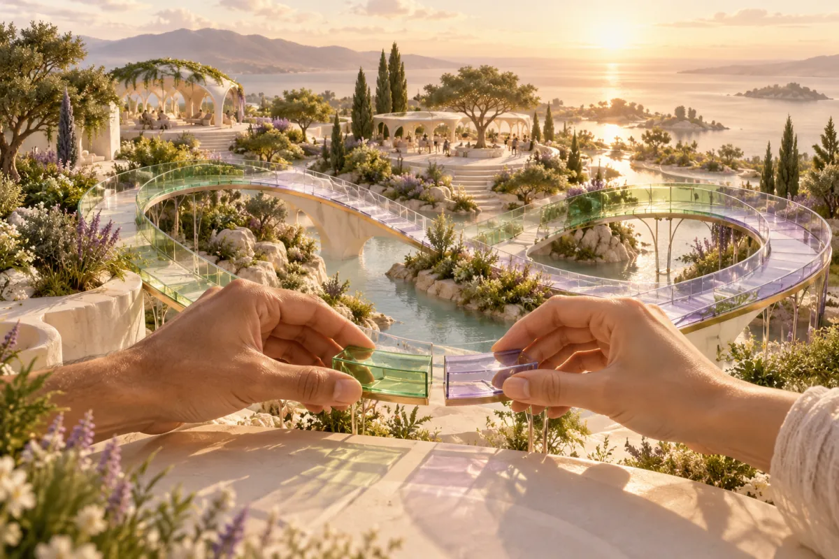 Two hands complete a green and purple glass bridge toward an open landscape of shared gardens and creative spaces.